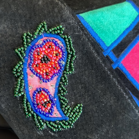 Erez Sport Vintage 80s Black Leather Check & Beaded Paisley Jacket Coat Size L - Picture 12 of 12